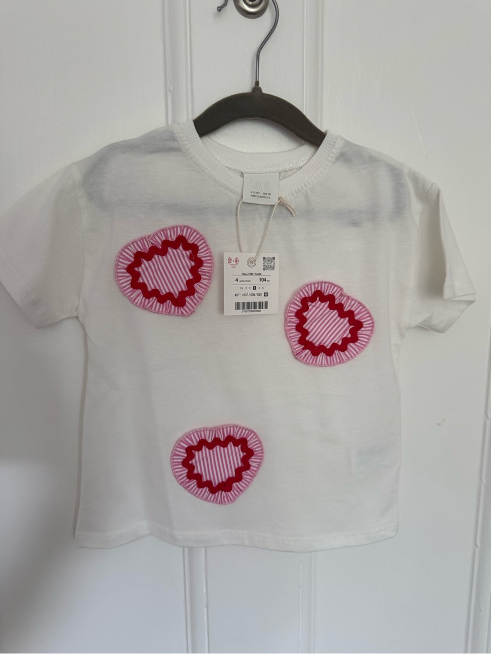 Zara White Short-Sleeve Tee with Pink & Red Heart Patches